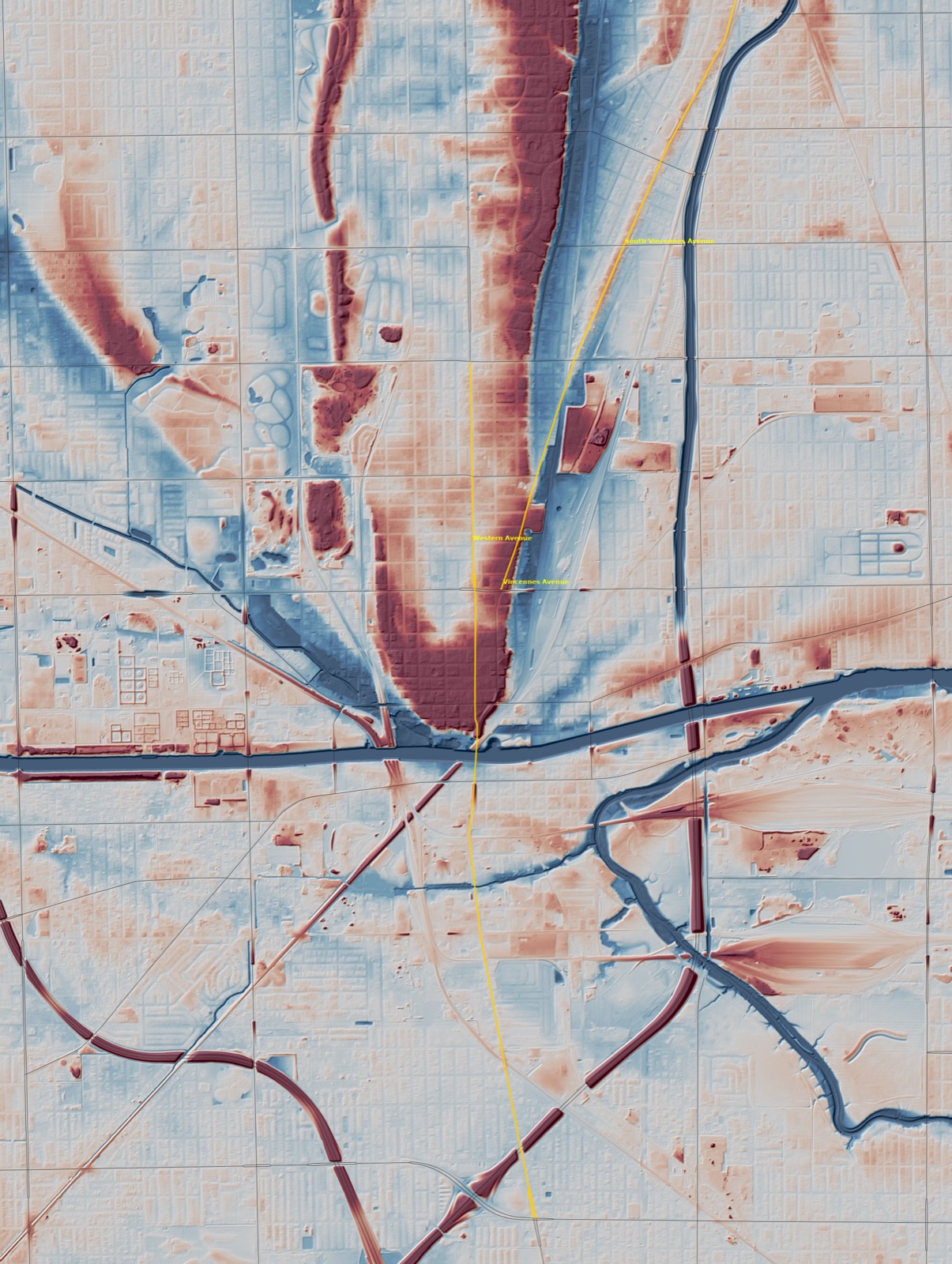 One-meter lidar relief of Blue Island, a long ridge of high ground standing above the surrounding lake plain.