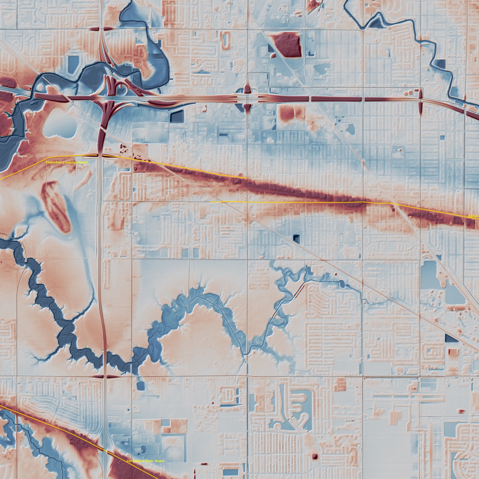 One-meter lidar relief near Lansing, Illinois, showing a dark red beach ridge running east-west with Glenwood-Dyer Road along it.