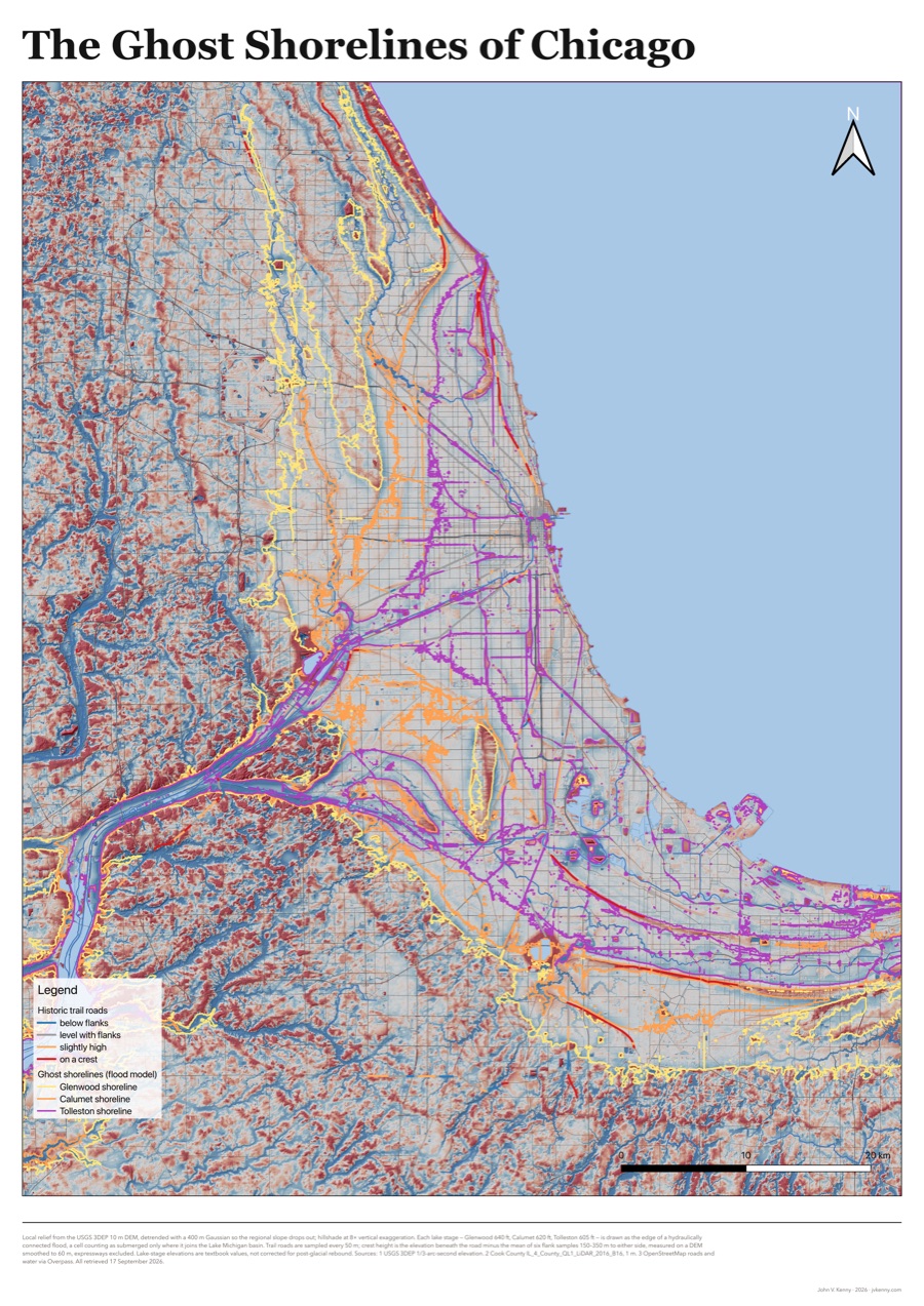 Poster map of the ghost shorelines of glacial Lake Chicago over the Chicago street grid