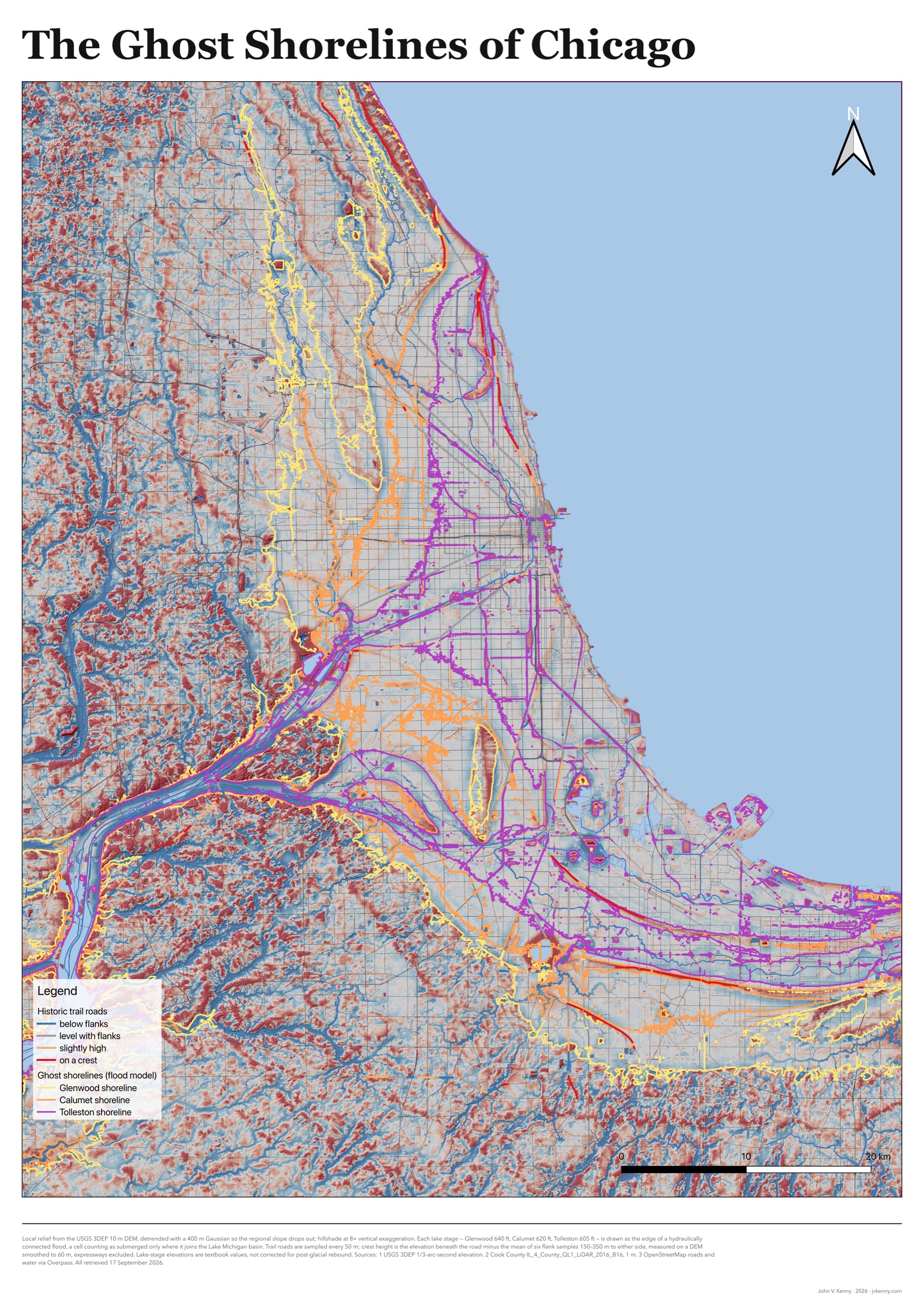Poster map of the Chicago region: local relief from lidar in red and blue, the Glenwood, Calumet and Tolleston shorelines of glacial Lake Chicago, and the historic trail roads colored by how far they stand above their flanks.
