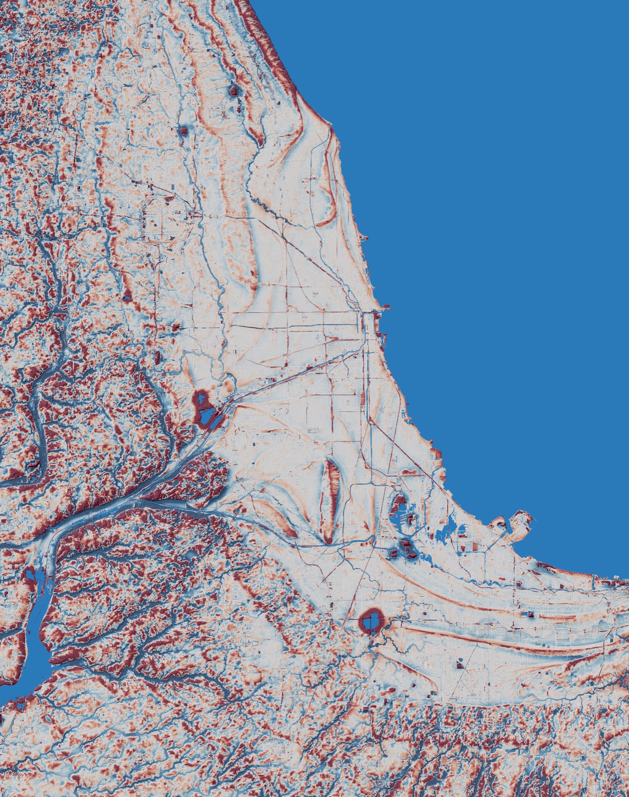 Regional detrended relief of the Chicago lake plain, showing faint arcs of beach ridge and the moraine to the west.