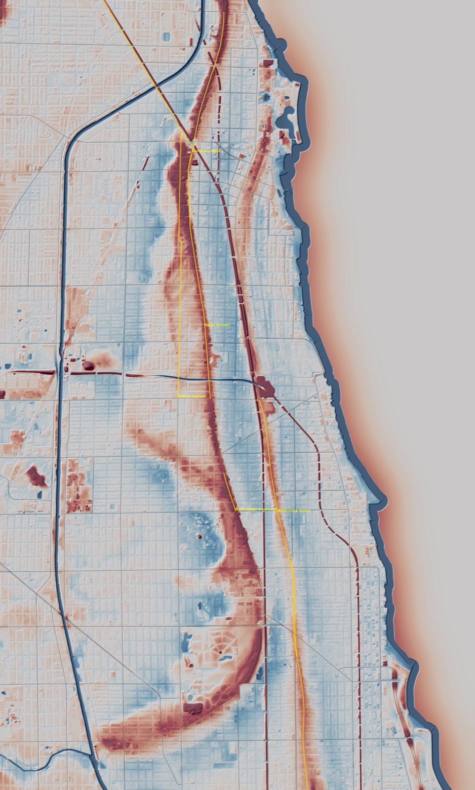One-meter lidar relief of the Rose Hill spit in Evanston, a narrow red ridge running north-south with Ridge Avenue along its crest.